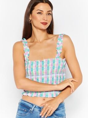 French Connection Pastel Plaid Smocked Crop Top